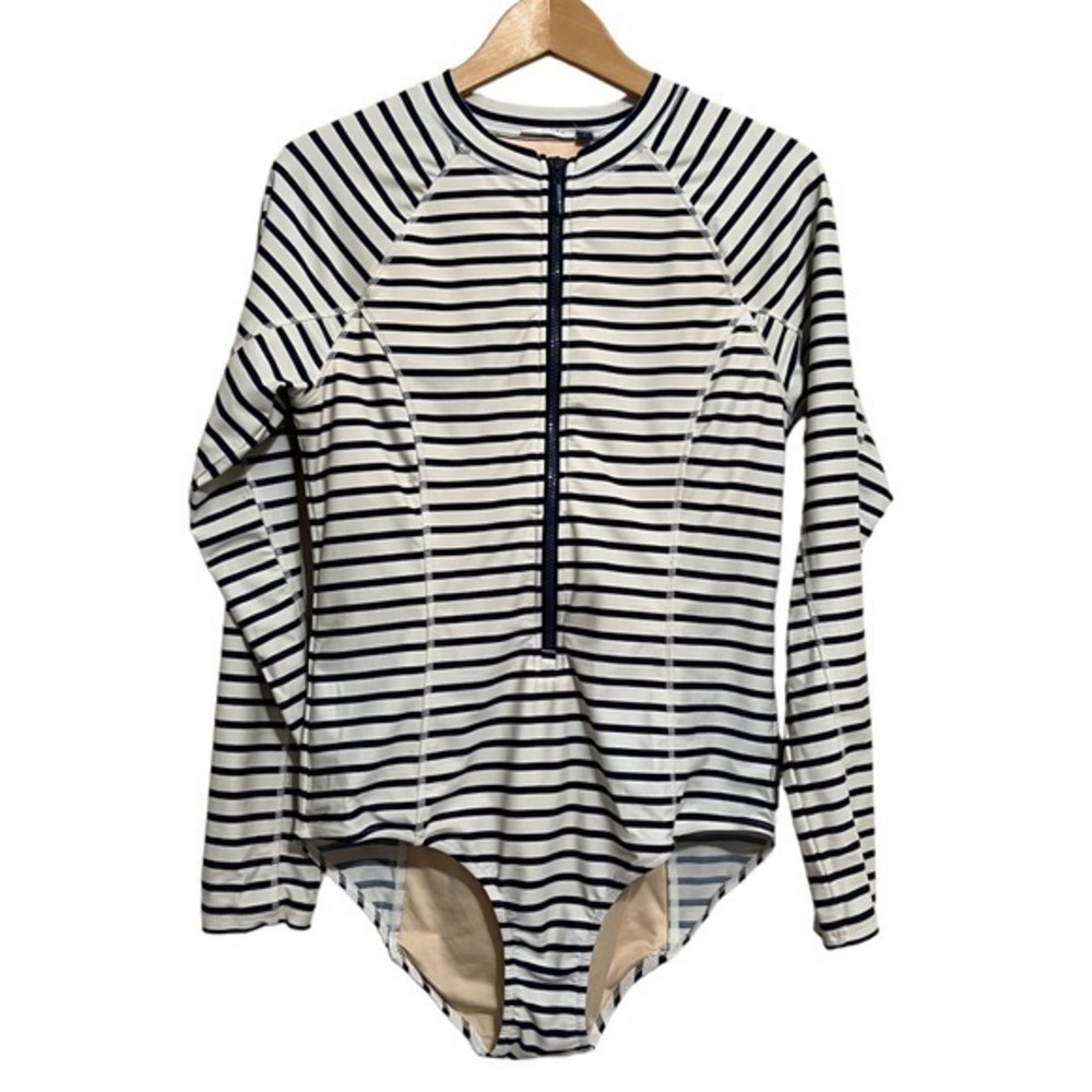Cabana Life Navy Striped Zipup Unisuit Size Large 50+UPF